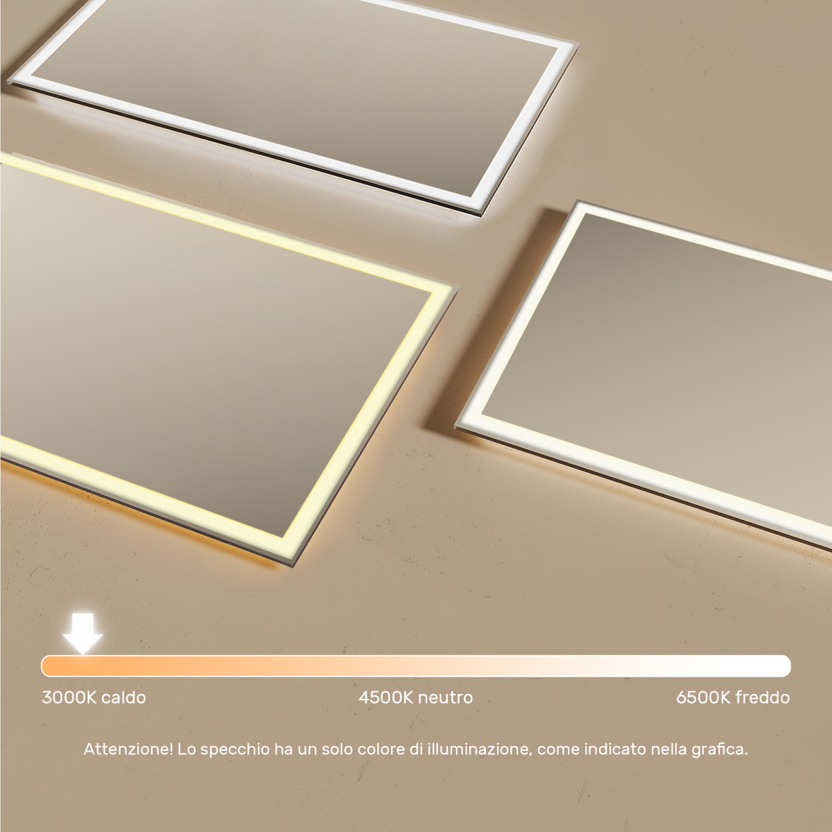 Specchio da bagno rettangolare illuminato 120x70cm con colore caldo 3000K