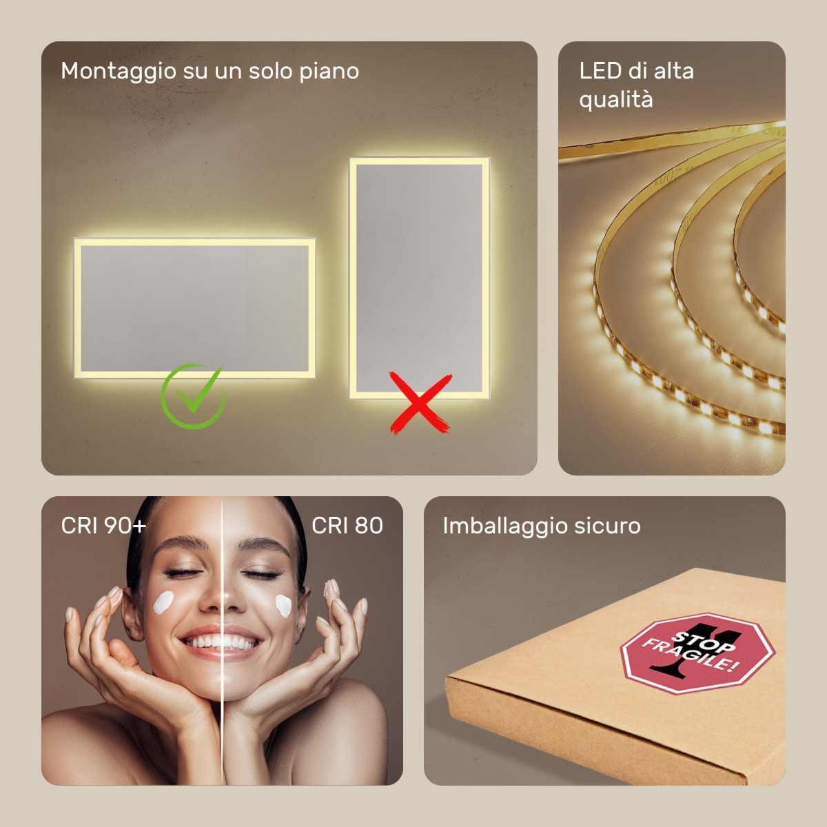 Specchio da bagno rettangolare illuminato 120x70cm con colore caldo 3000K