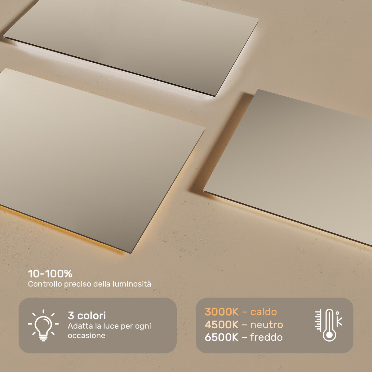 Specchio da bagno rettangolare illuminato 120x70cm con colore neutro 4500K