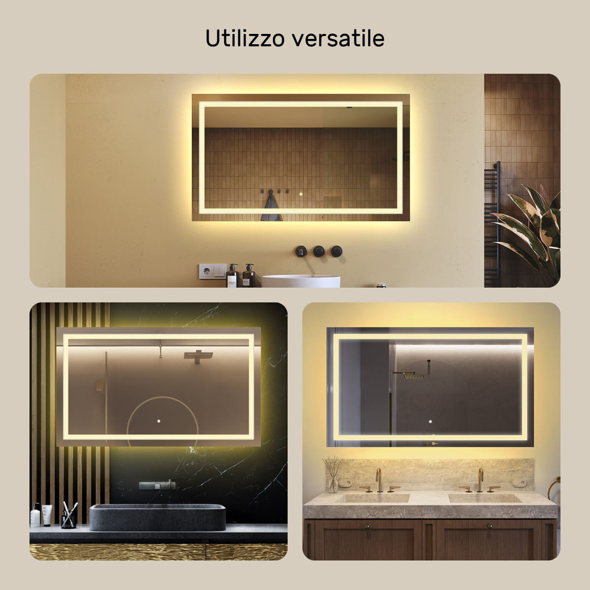 Specchio da bagno rettangolare 120x70cm con interruttore touch, colore caldo 3000K