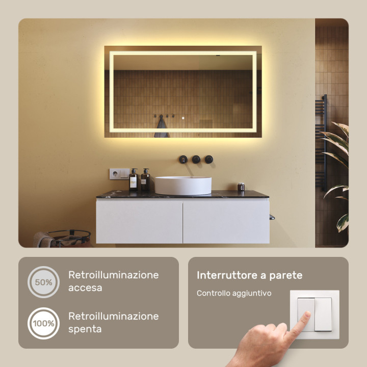 Specchio da bagno rettangolare 120x70cm con interruttore touch, colore caldo 3000K