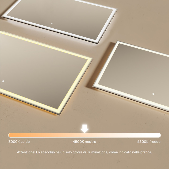 Specchio da bagno rettangolare 120x70 cm con interruttore tattile, colore neutro 4500K