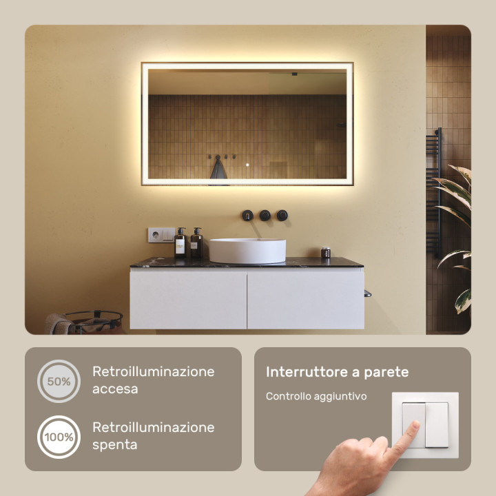 Specchio da bagno rettangolare 120x70 cm con interruttore tattile, colore neutro 4500K