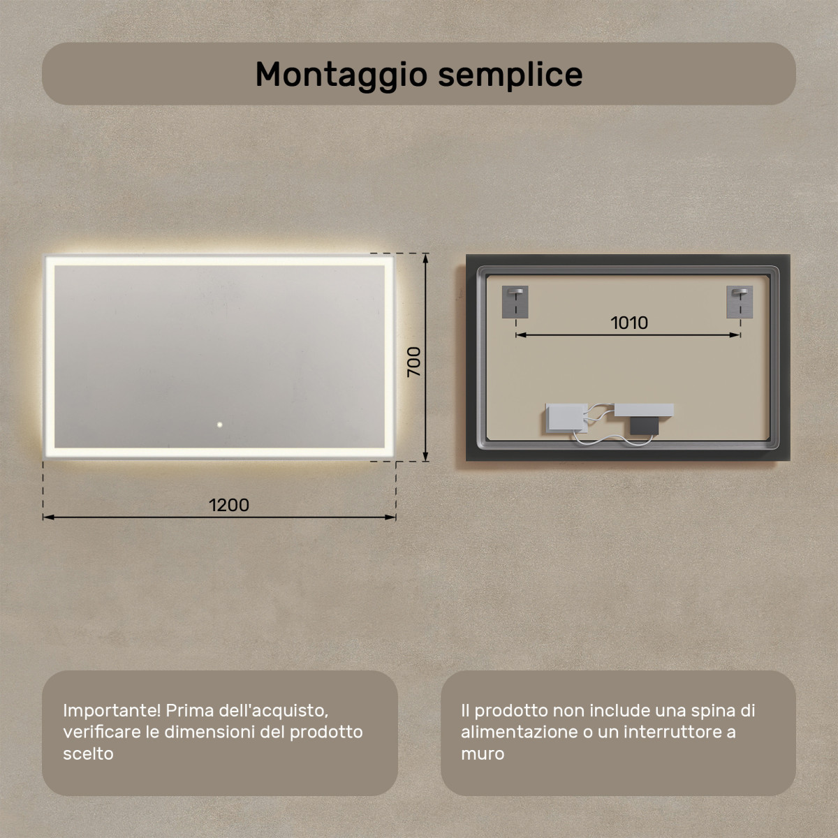 Specchio da bagno rettangolare 120x70 cm con interruttore tattile, colore neutro 4500K
