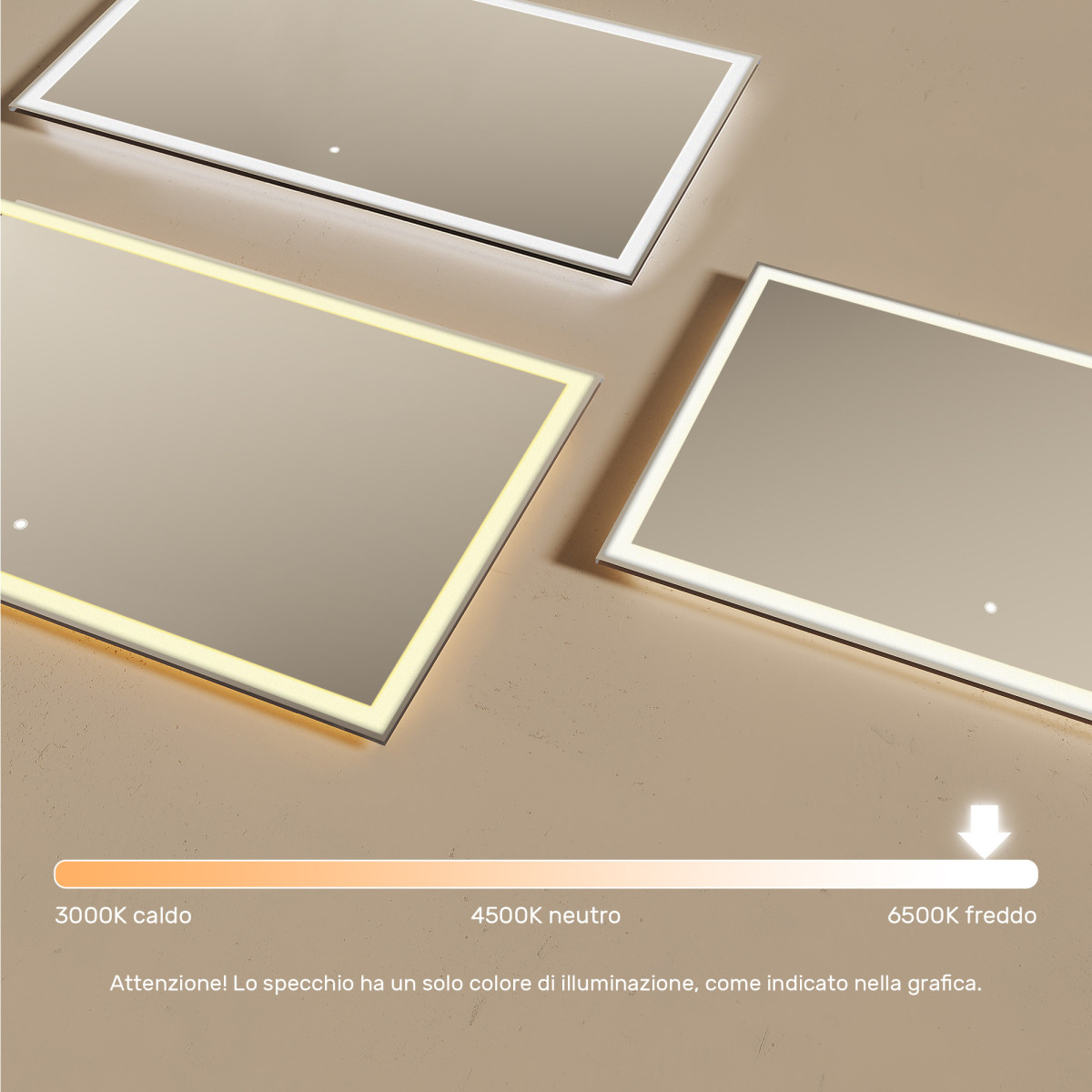 Specchio da bagno rettangolare 120x70 cm con interruttore tattile, colore freddo LED 7000K