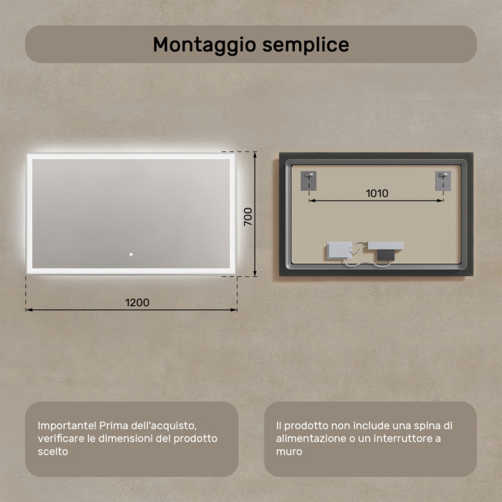 Specchio da bagno rettangolare 120x70 cm con interruttore tattile, colore freddo LED 7000K