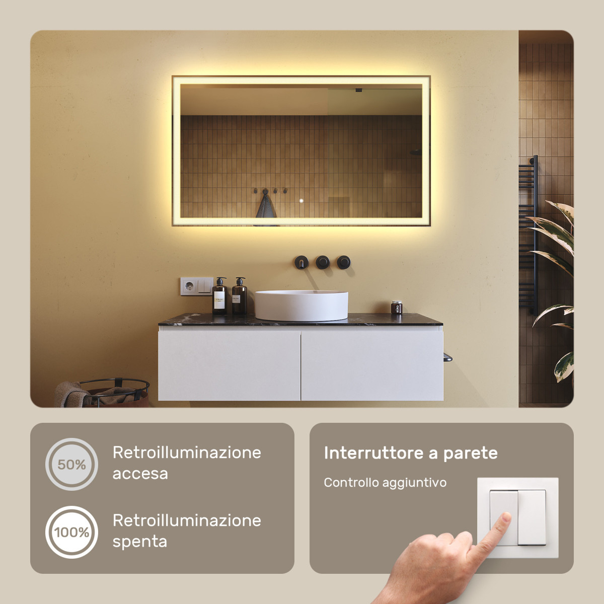 Specchio da bagno rettangolare 120x70 cm con interruttore touch, colore caldo 3000K