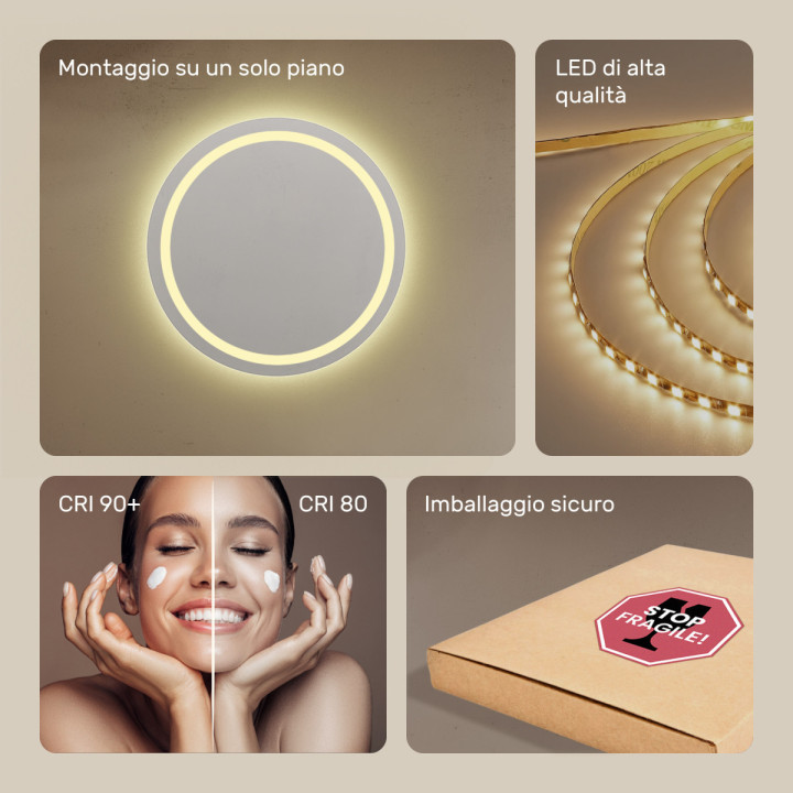 Specchio da bagno rotondo illuminato 80 cm con colore caldo 3000K