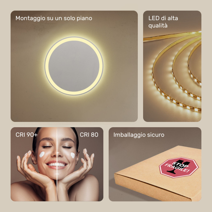 Specchio da bagno rotondo illuminato 60 cm con colore caldo 3000K