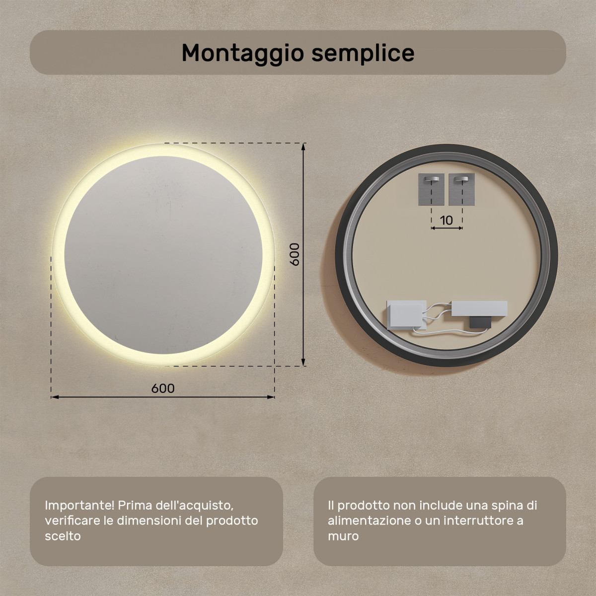 Specchio da bagno rotondo illuminato 60 cm con colore caldo 3000K