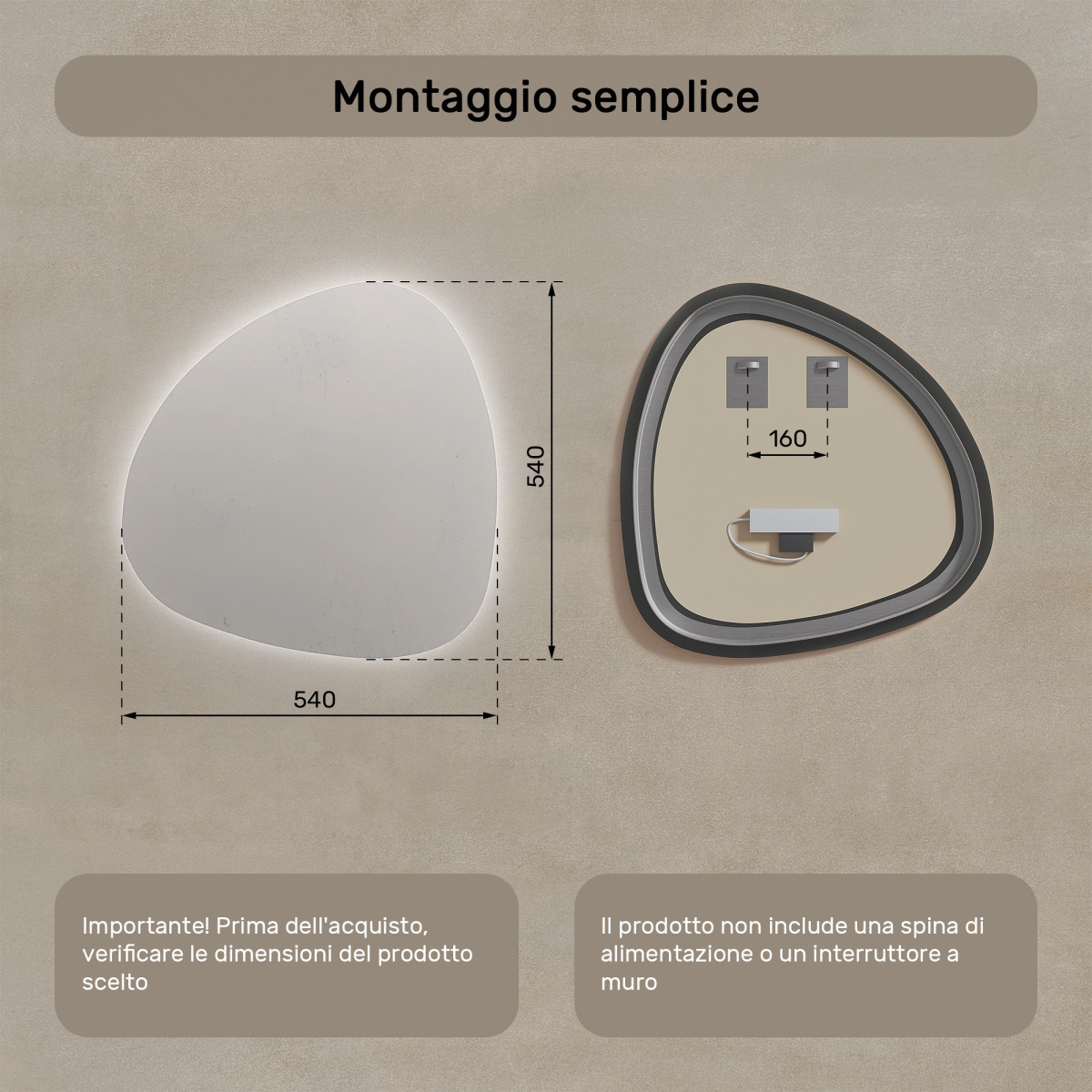 Specchio decorativo irregolare a LED 54x54 cm con colore freddo LED 7000K