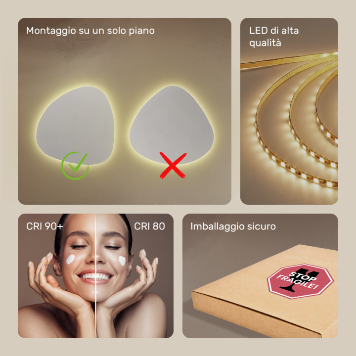 Specchio decorativo irregolare a LED 54x54 cm con colore caldo 3000K