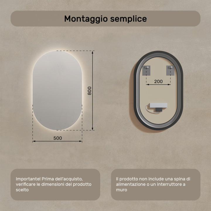 Specchio da bagno illuminato 50x80 cm con colore neutro 4500K