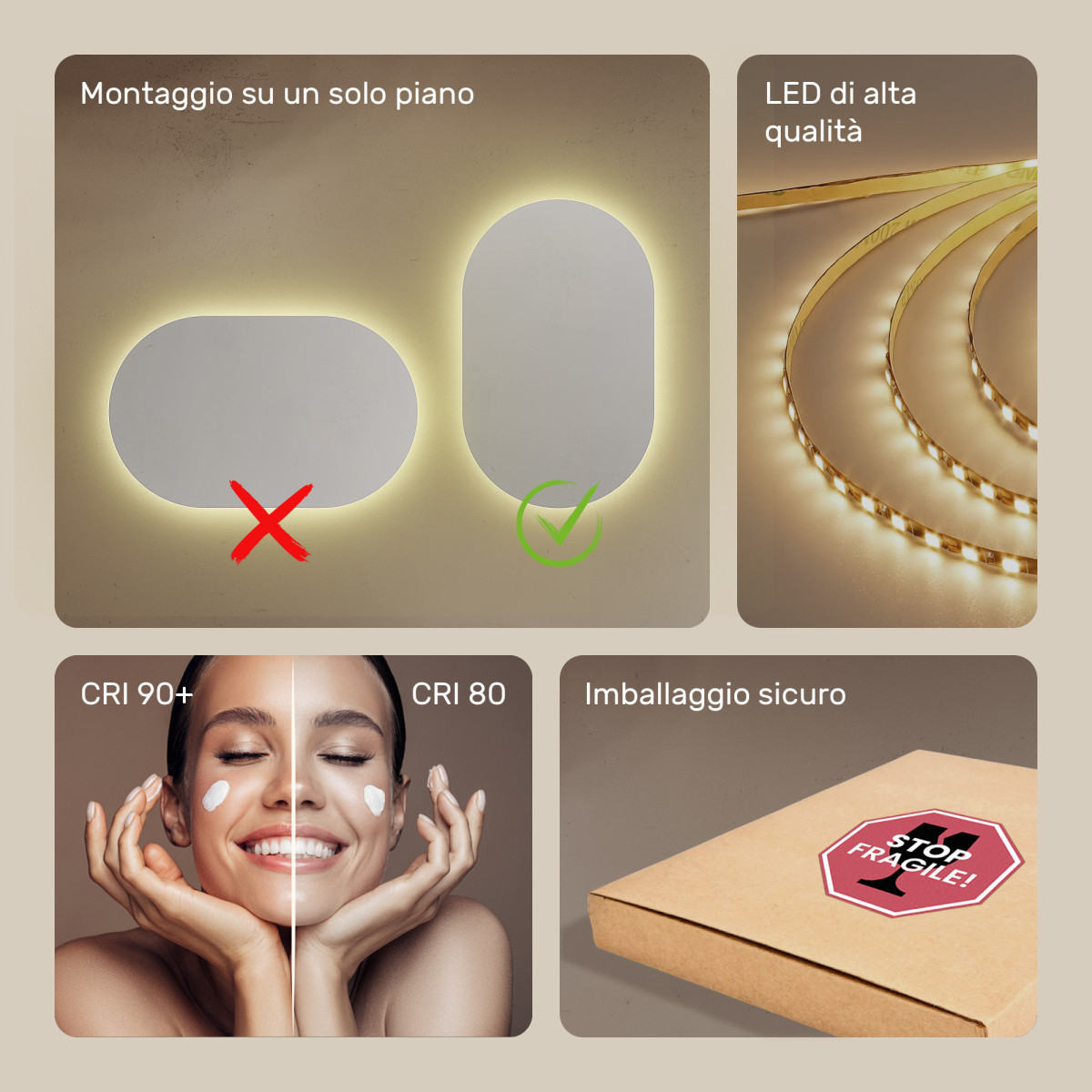 Specchio da bagno illuminato 50x80cm con colore caldo 3000K