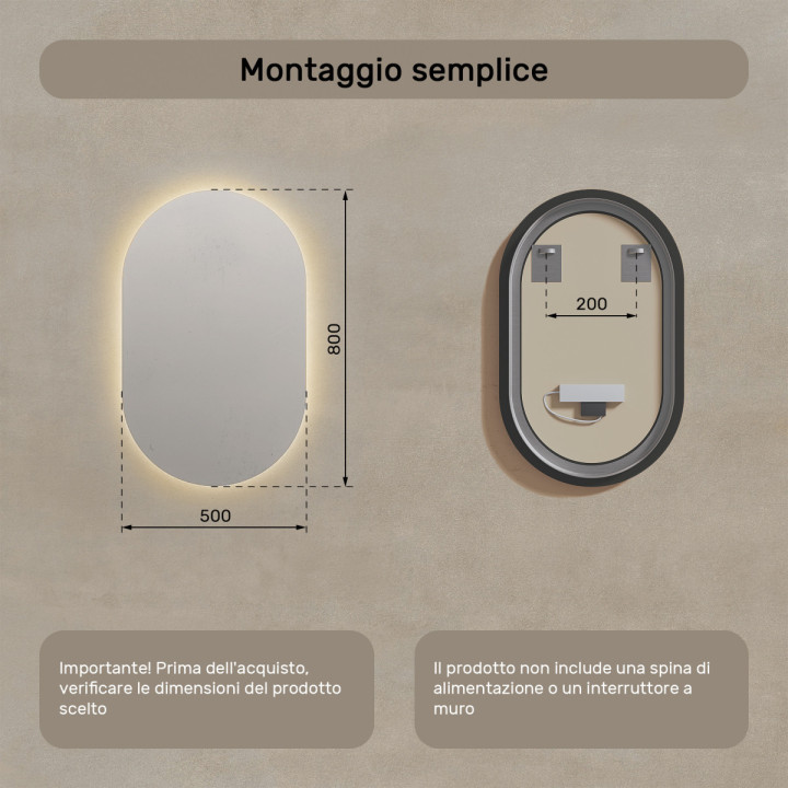 Specchio da bagno illuminato 50x80cm con colore caldo 3000K