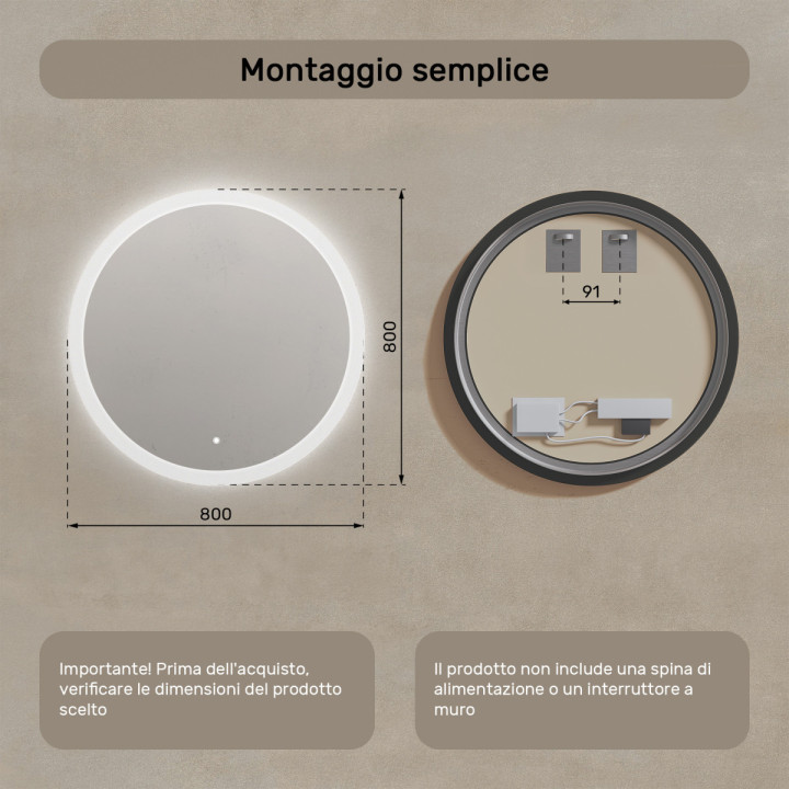 Specchio da bagno rotondo con illuminazione a LED 80cm con doppio colore, interruttore touch