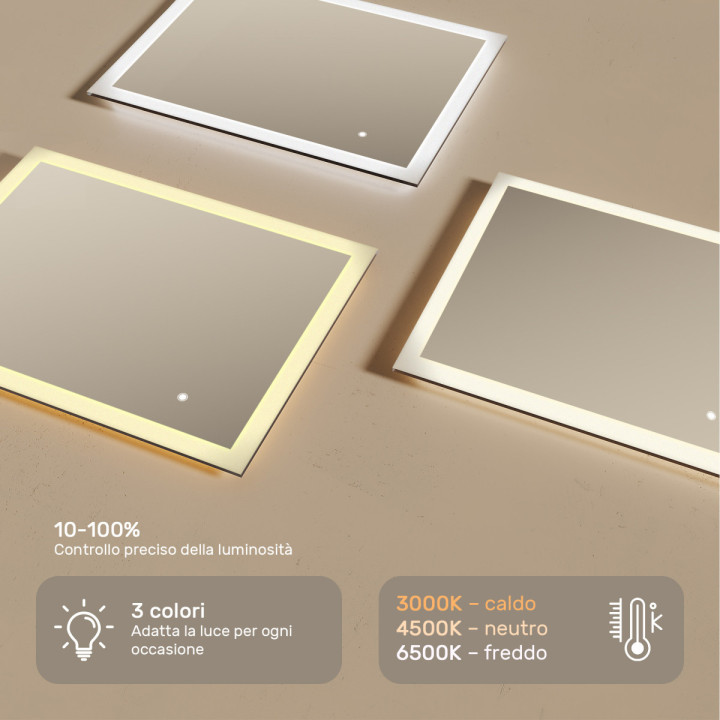 Specchio da bagno rettangolare con illuminazione LED 80x60 cm con doppia tonalità, interruttore touch