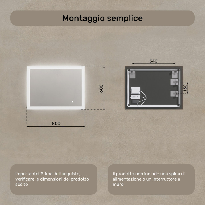 Specchio da bagno rettangolare con illuminazione LED 80x60 cm con doppia tonalità, interruttore touch