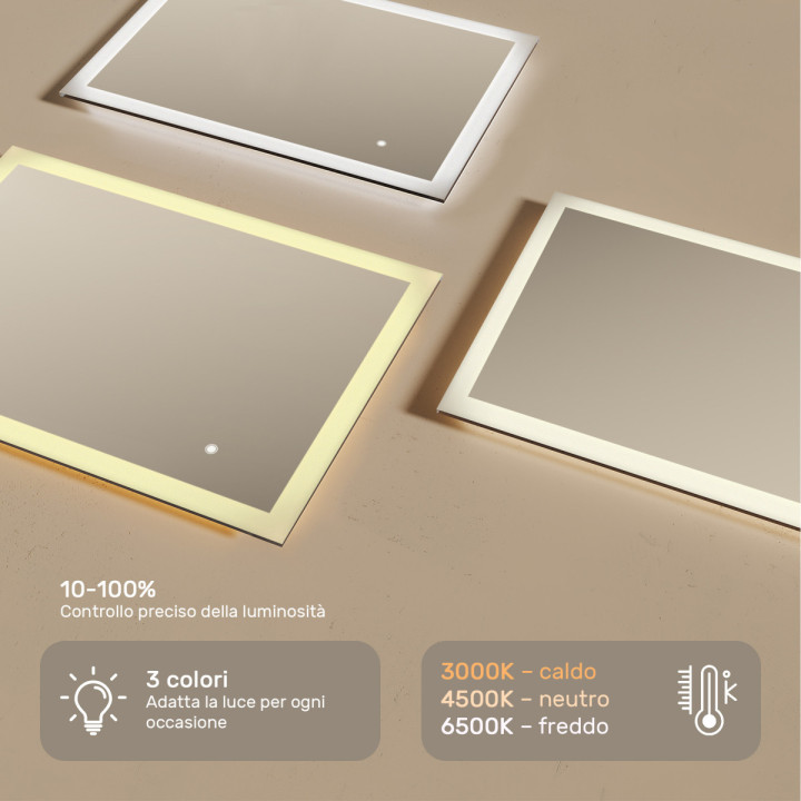 Specchio da bagno rettangolare con illuminazione LED 100x70 cm con doppia tonalità, interruttore touch