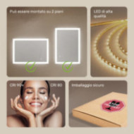 Specchio da bagno rettangolare con illuminazione LED 100x70 cm con doppia tonalità, interruttore touch