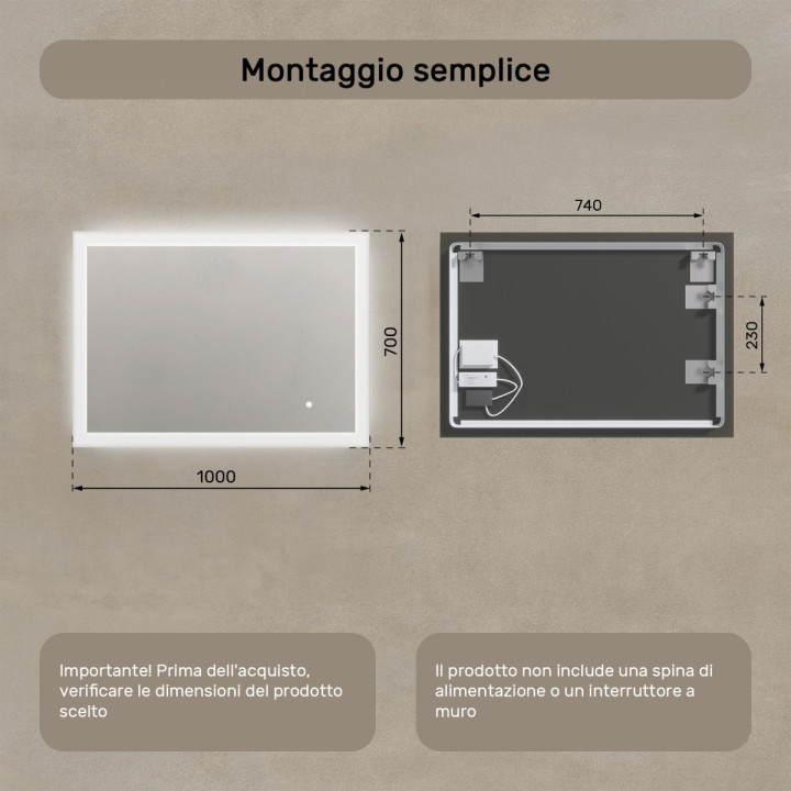 Specchio da bagno rettangolare con illuminazione LED 100x70 cm con doppia tonalità, interruttore touch