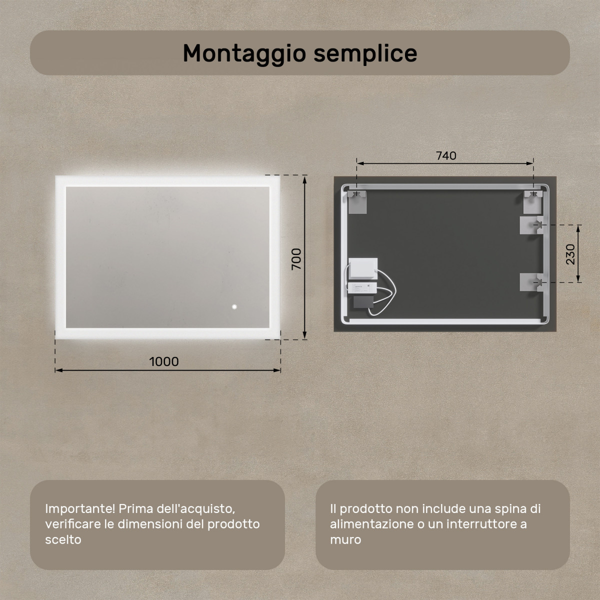 Specchio da bagno rettangolare con illuminazione LED 100x70 cm con doppia tonalità, interruttore touch