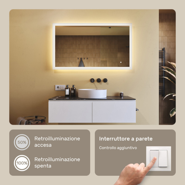 Specchio da bagno rettangolare con illuminazione LED 120x70 cm con doppia tonalità, interruttore touch