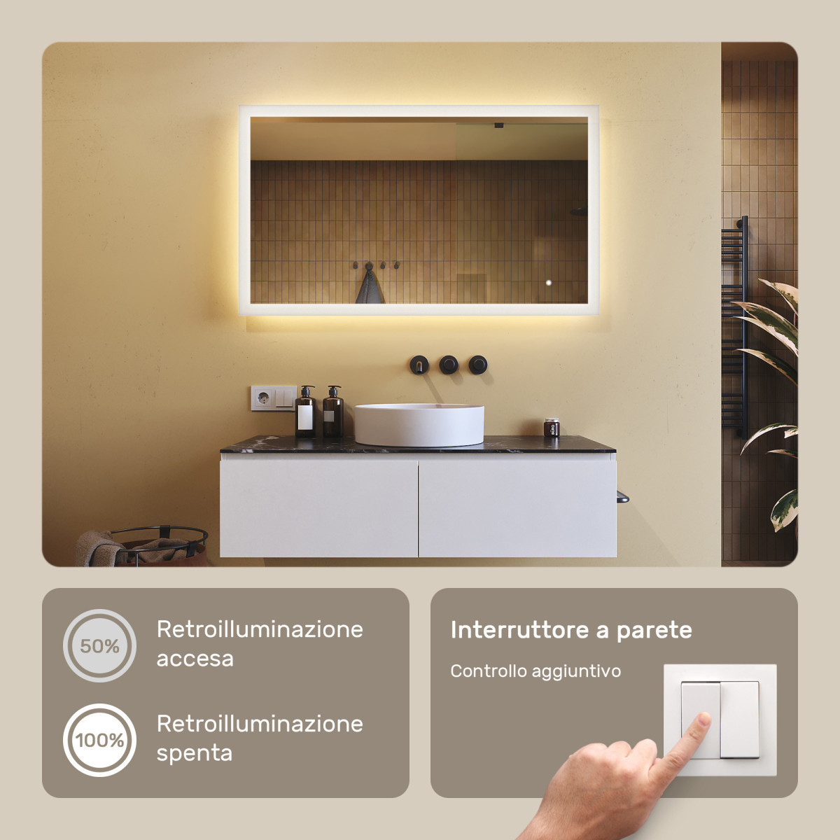 Specchio da bagno rettangolare con illuminazione LED 120x70 cm con doppia tonalità, interruttore touch