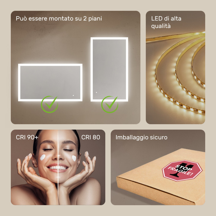 Specchio da bagno rettangolare con illuminazione LED 120x70 cm con doppia tonalità, interruttore touch