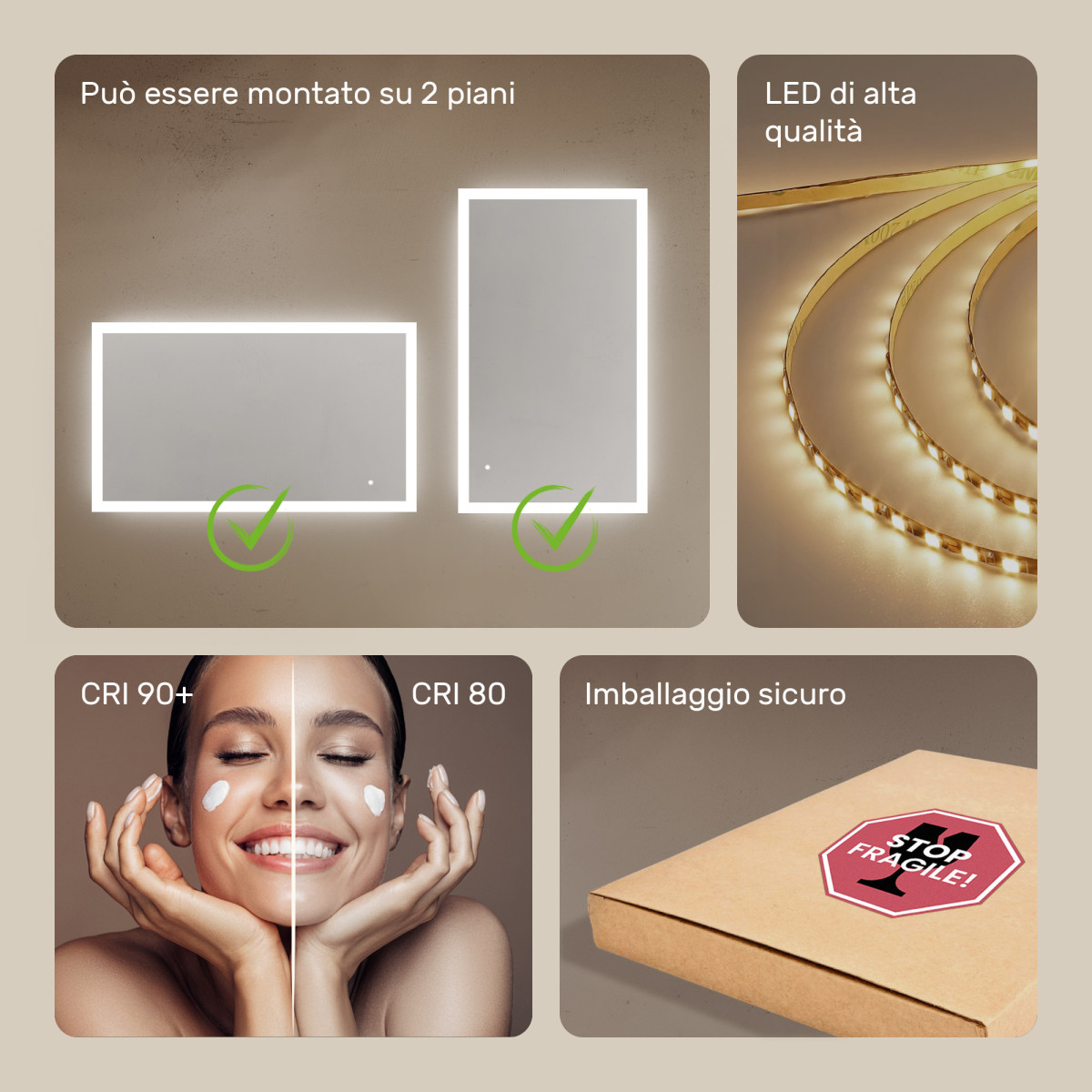 Specchio da bagno rettangolare con illuminazione LED 120x70 cm con doppia tonalità, interruttore touch