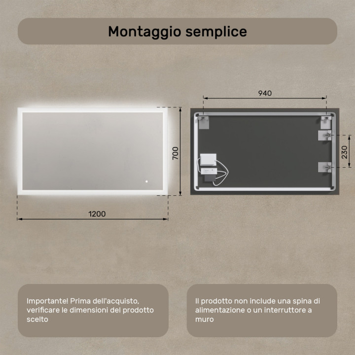 Specchio da bagno rettangolare con illuminazione LED 120x70 cm con doppia tonalità, interruttore touch