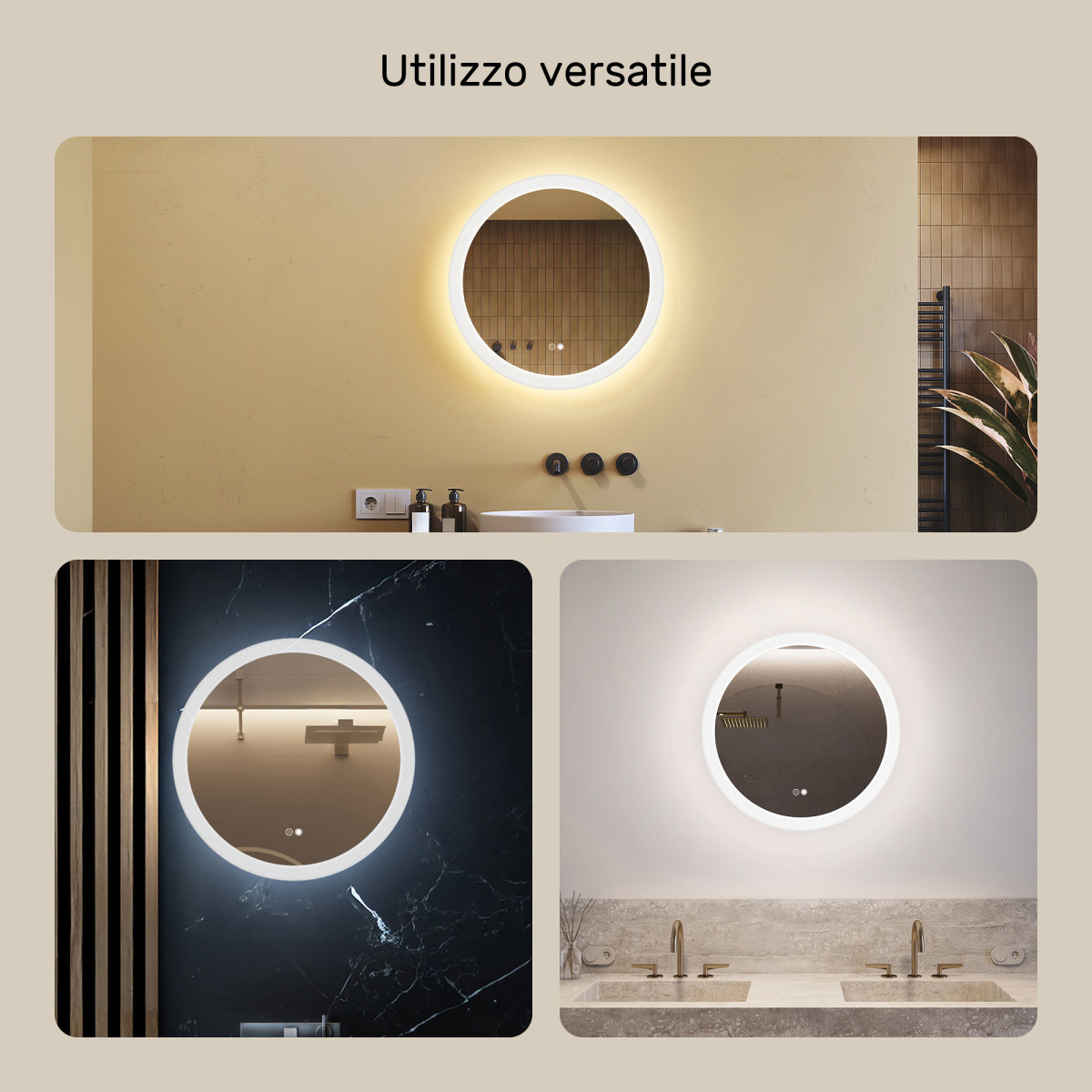 Specchio rotondo da bagno con illuminazione LED da 60 cm, Dual Color, interruttore touch e tappetino riscaldante
