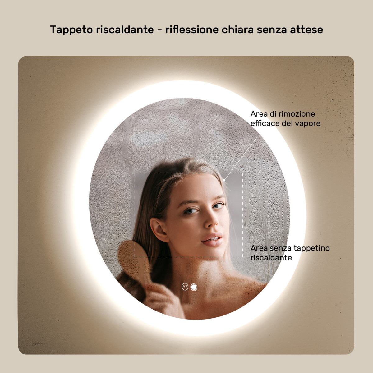 Specchio rotondo da bagno con illuminazione LED da 60 cm, Dual Color, interruttore touch e tappetino riscaldante