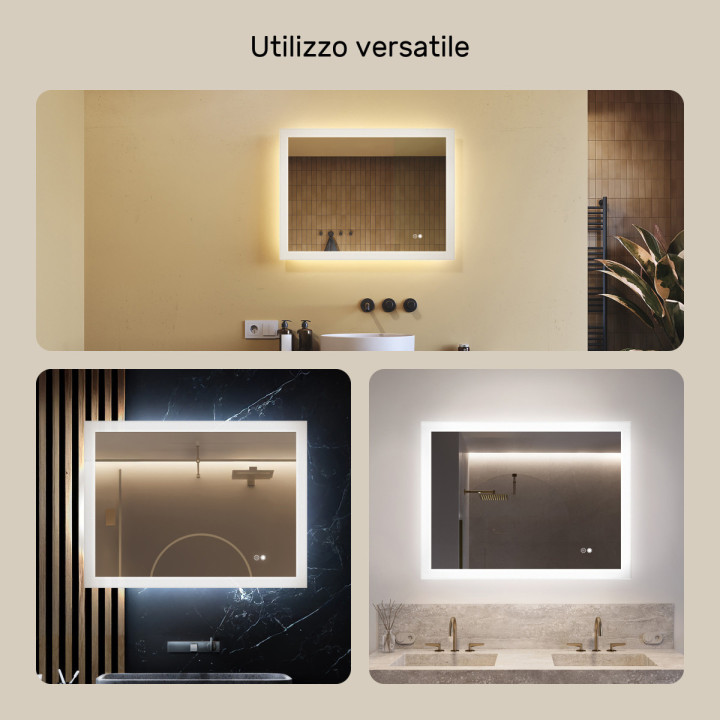 Specchio da bagno con illuminazione a LED 80x60 cm con doppia tonalità, interruttore touch, tappeto riscaldante