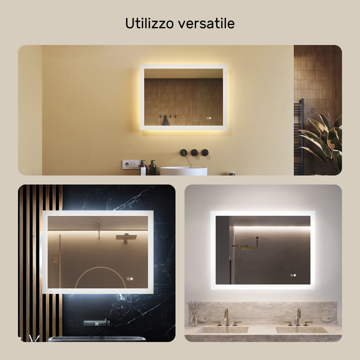 Specchio da bagno con illuminazione a LED 80x60 cm con doppia tonalità, interruttore touch, tappeto riscaldante