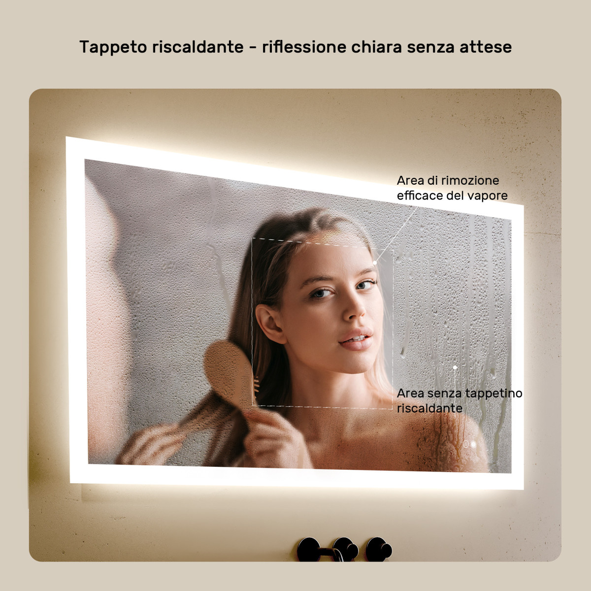 Specchio da bagno con illuminazione a LED 80x60 cm con doppia tonalità, interruttore touch, tappeto riscaldante