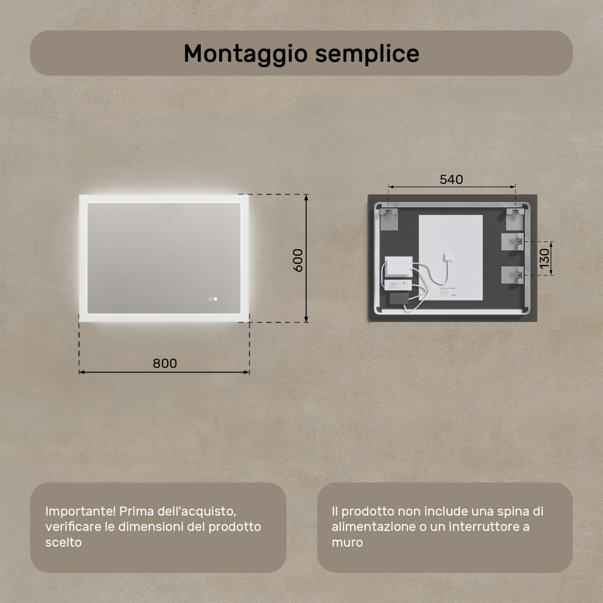 Specchio da bagno con illuminazione a LED 80x60 cm con doppia tonalità, interruttore touch, tappeto riscaldante