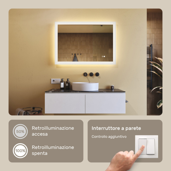Specchio da bagno rettangolare con illuminazione 100x70 cm con doppia tonalità, interruttore touch, tappetino riscaldante
