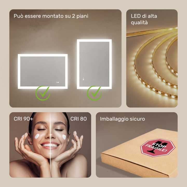 Specchio da bagno rettangolare con illuminazione 100x70 cm con doppia tonalità, interruttore touch, tappetino riscaldante