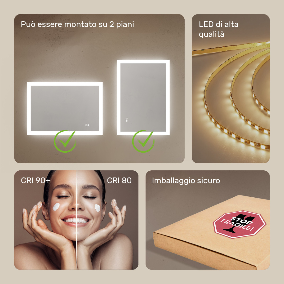 Specchio da bagno rettangolare con illuminazione 100x70 cm con doppia tonalità, interruttore touch, tappetino riscaldante