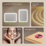 Specchio da bagno rettangolare con illuminazione 100x70 cm con doppia tonalità, interruttore touch, tappetino riscaldante