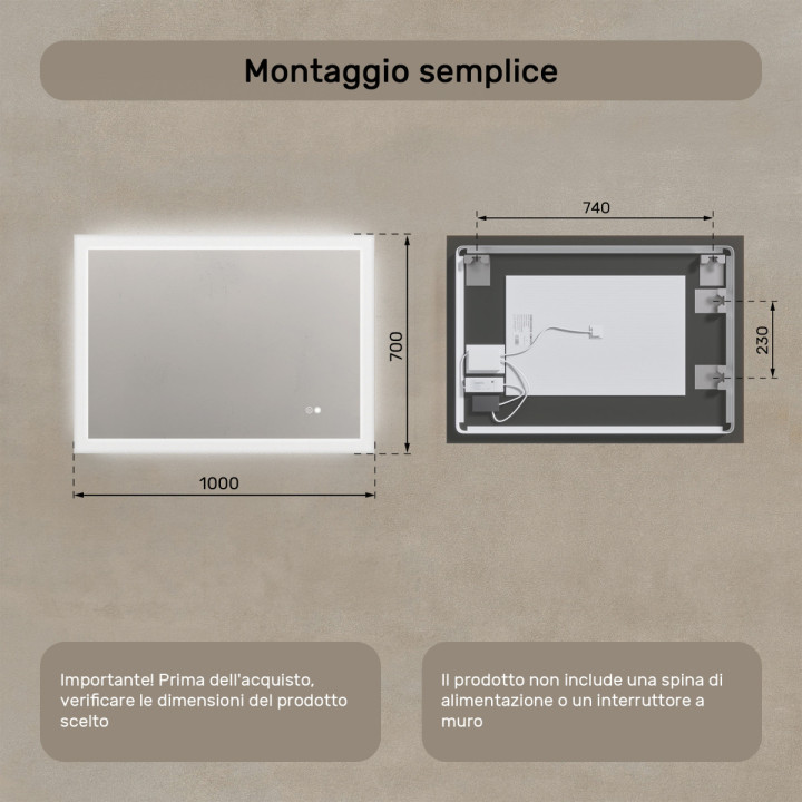 Specchio da bagno rettangolare con illuminazione 100x70 cm con doppia tonalità, interruttore touch, tappetino riscaldante