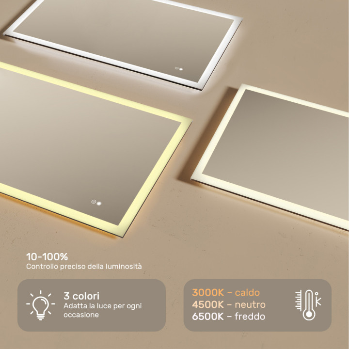Specchio da bagno rettangolare con illuminazione 120x70 cm con doppia tonalità, interruttore touch, tappetino riscaldante