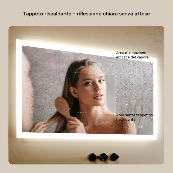 Specchio da bagno rettangolare con illuminazione 120x70 cm con doppia tonalità, interruttore touch, tappetino riscaldante
