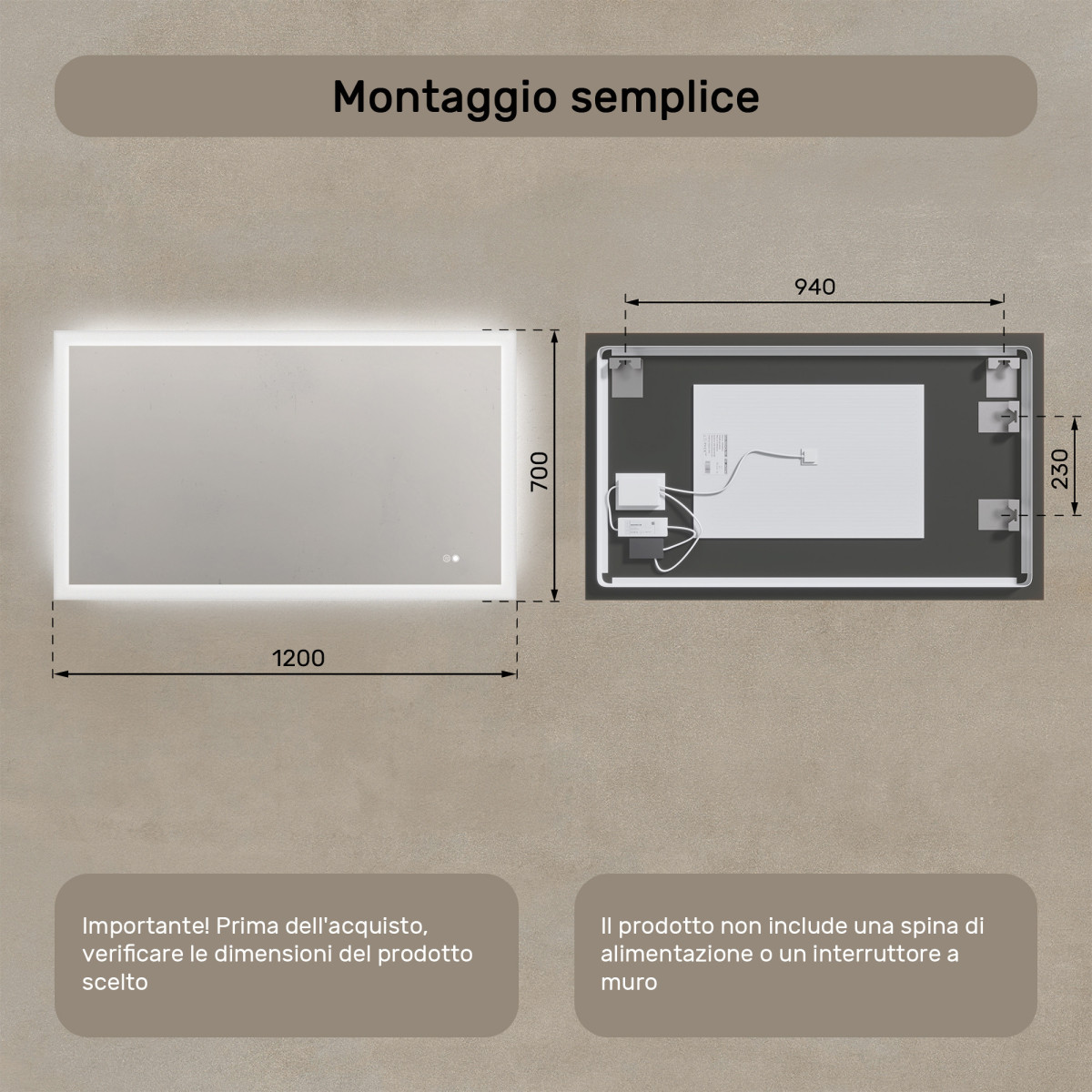 Specchio da bagno rettangolare con illuminazione 120x70 cm con doppia tonalità, interruttore touch, tappetino riscaldante