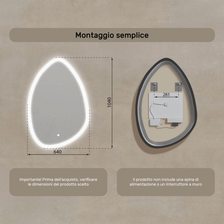 Specchio irregolare con illuminazione, 64x94 cm, bicolore, interruttore touch