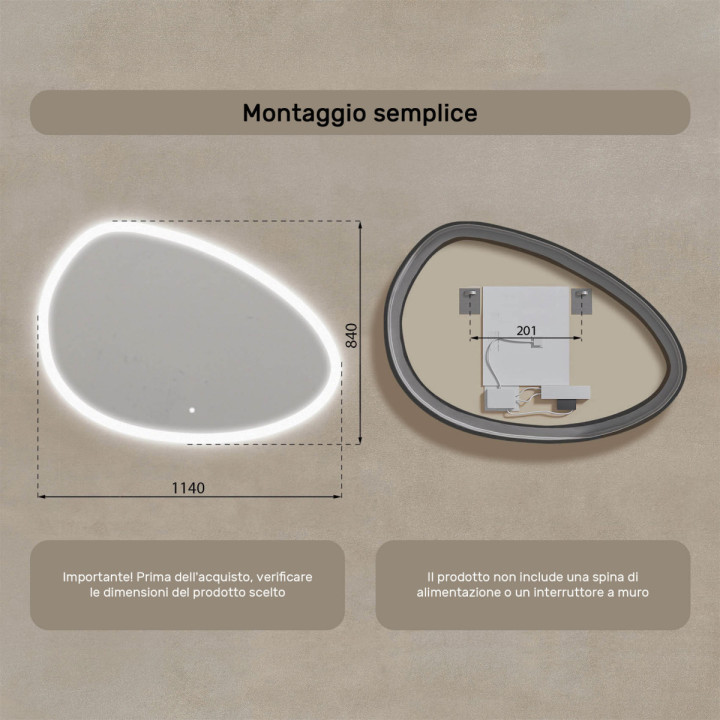 Specchio irregolare con illuminazione, 114x84 cm, bicolore, interruttore tattile