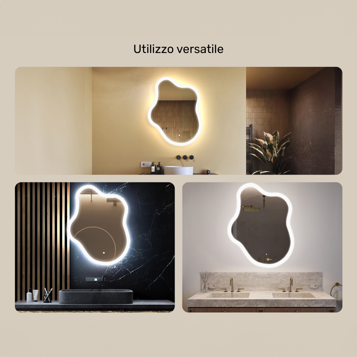 Specchio irregolare con illuminazione, 74x94 cm, bicolore, interruttore tattile