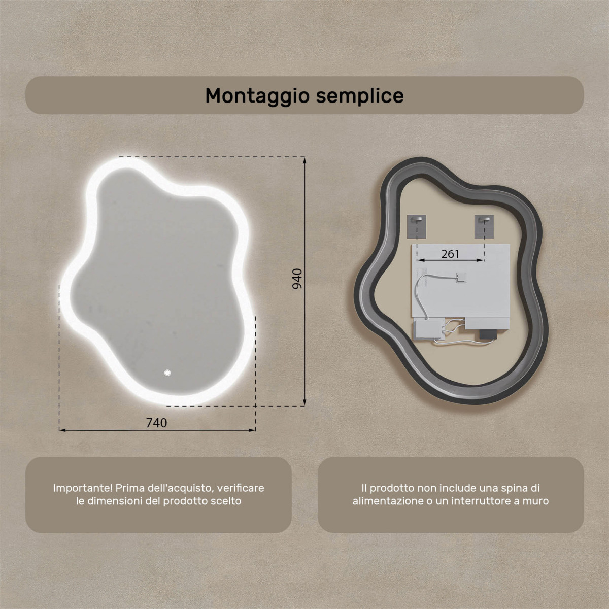 Specchio irregolare con illuminazione, 74x94 cm, bicolore, interruttore tattile