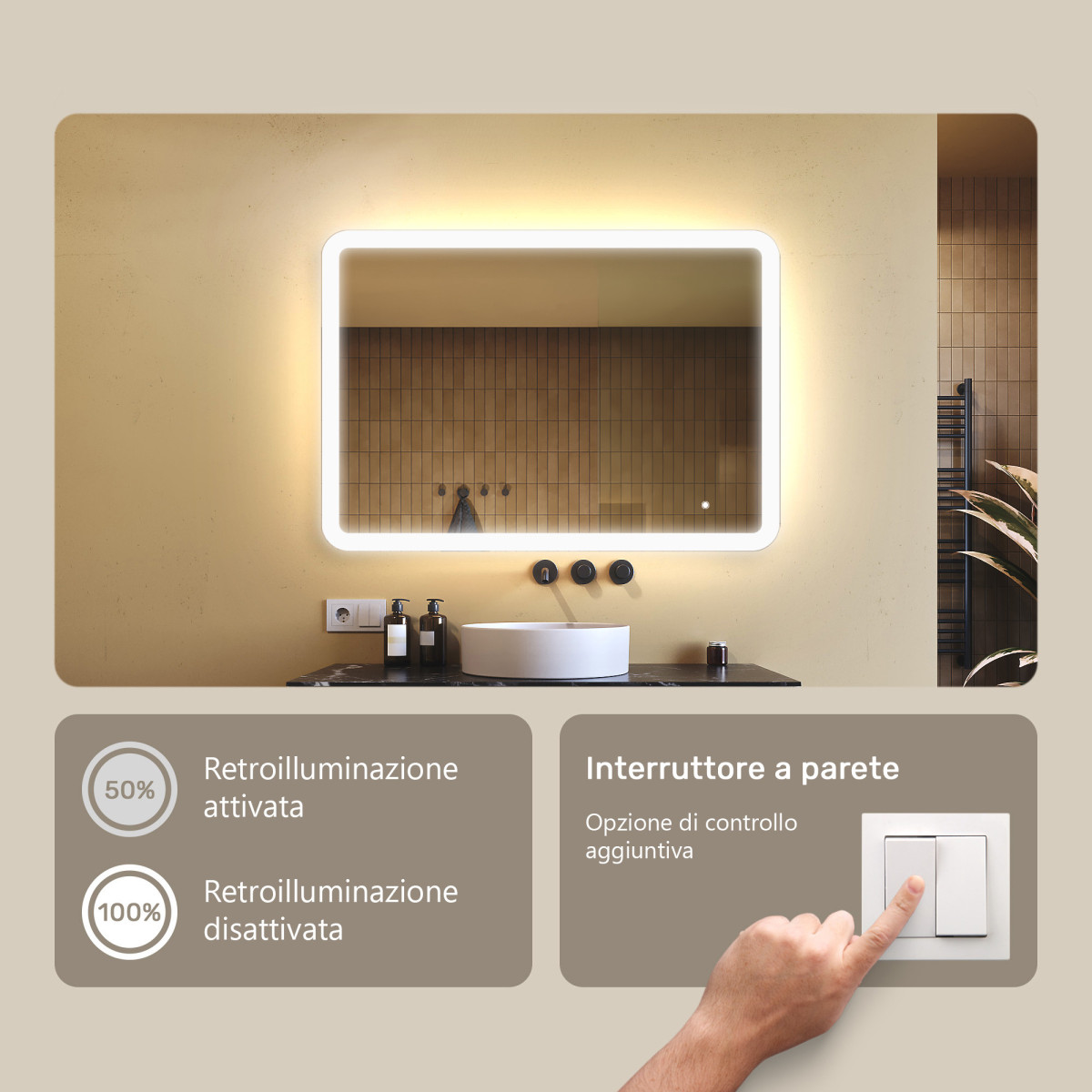 Specchio da bagno arrotondato con illuminazione a LED, 100x70 cm, bicolore, interruttore tattile